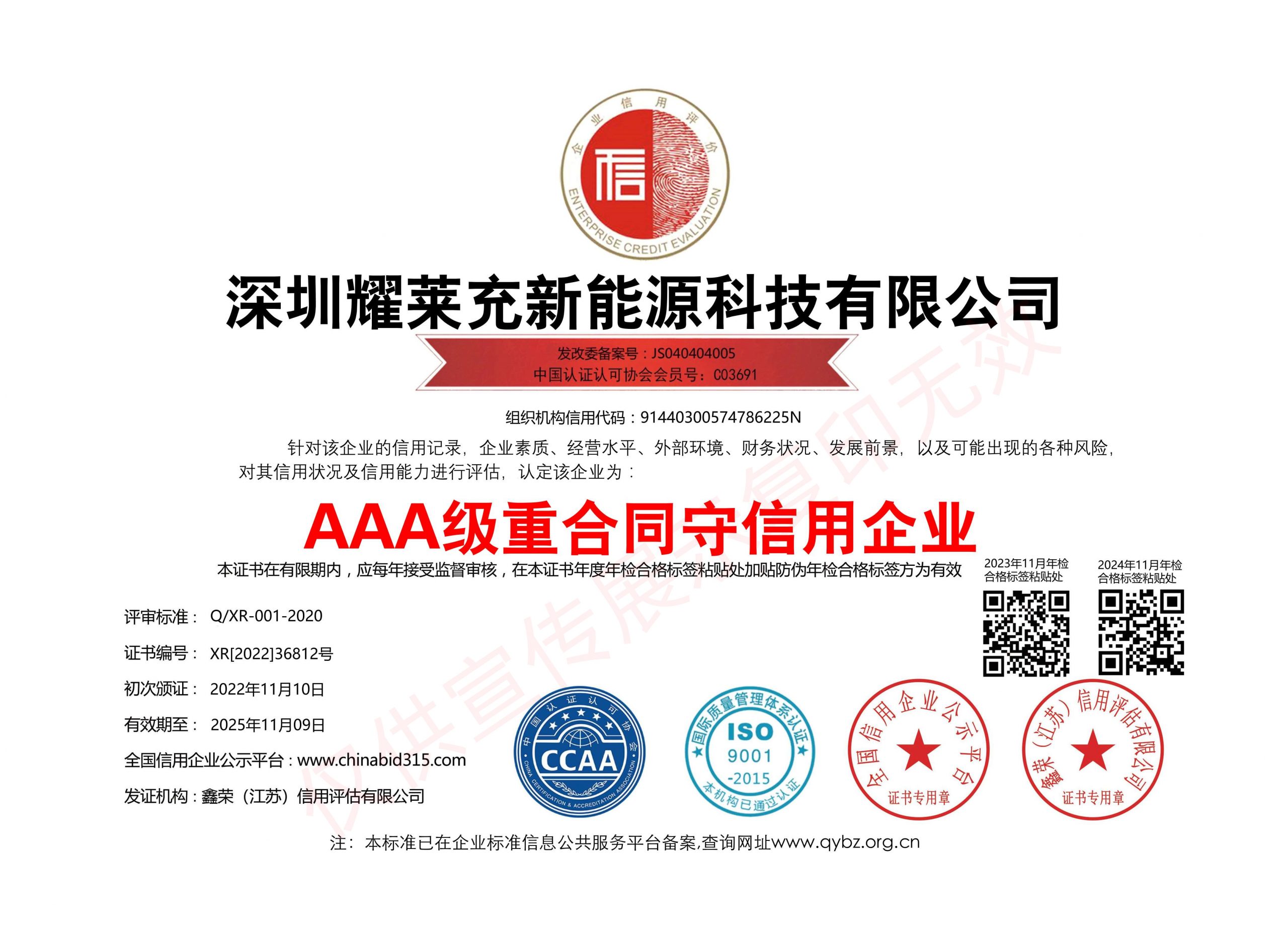 AAA級重合同守信用企業證書